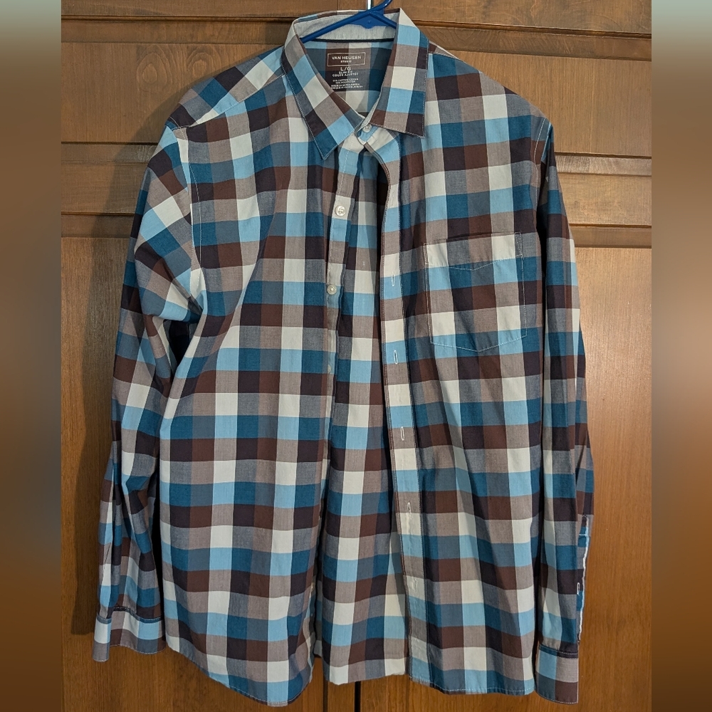 Men's Blue and Brown Checkered Shirt